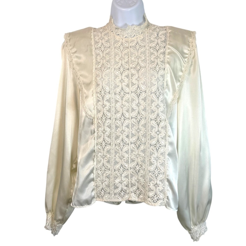 Vintage Satin Sheer Lace Victorian Top M Ivory Lace Mock Neck Prairie Romantic - Picture 2 of 10